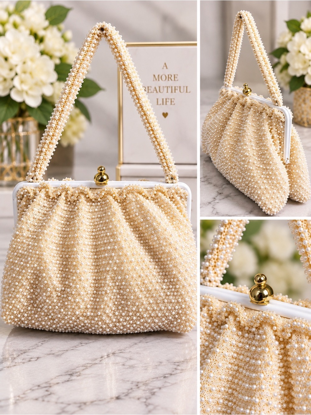 Vintage Ivory Pearl Beaded Handbag Purse Gold Clasp Evening Purse